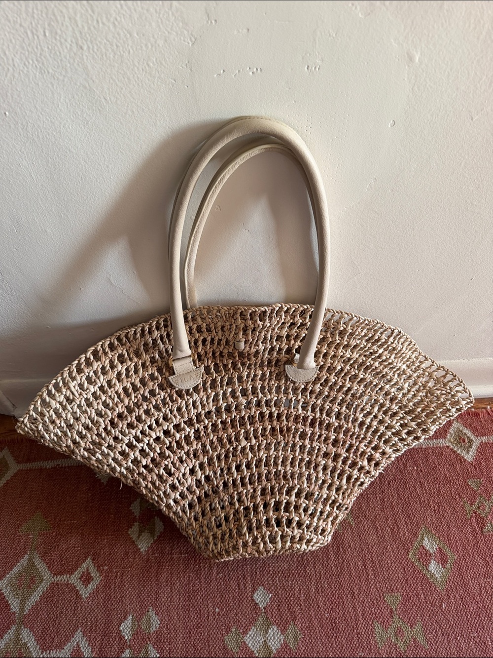 Eilaf Shamisa Braided Natural Straw Bucket Tote Ivory Leather Trim $395 - Picture 2 of 14